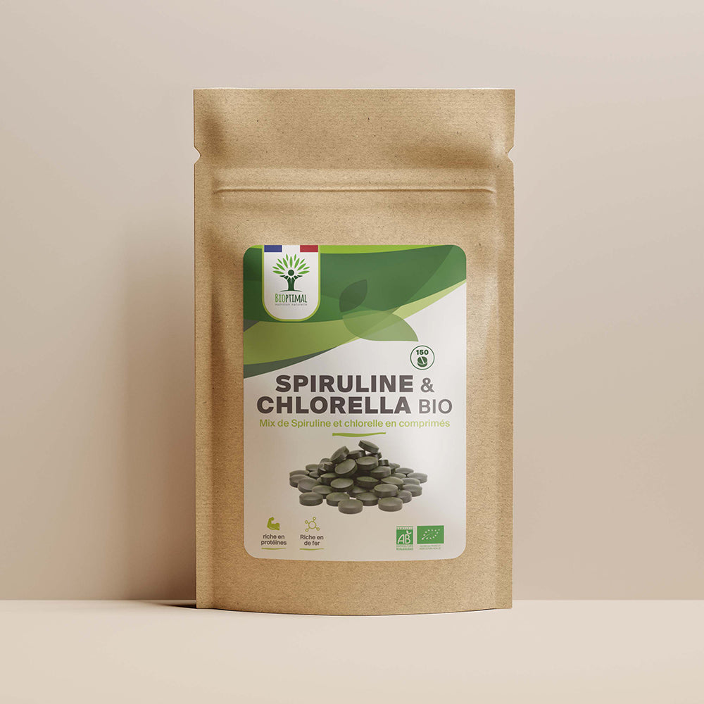 Mix Spiruline et Chlorella bio comprimés - Bioptimal Bioptimal Superaliment infusion.organic