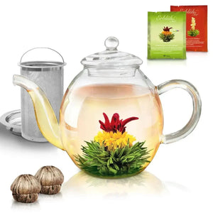 Glass teapot 1L with two Herbal Tea flowers - Teapot, Blooming Tea - Blooming Tea, Teapot - infusion.organic