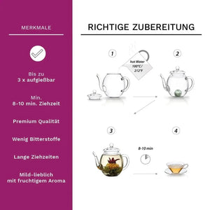 Glass teapot 1L with two Herbal Tea flowers - Teapot, Blooming Tea - Blooming Tea, Teapot - infusion.organic