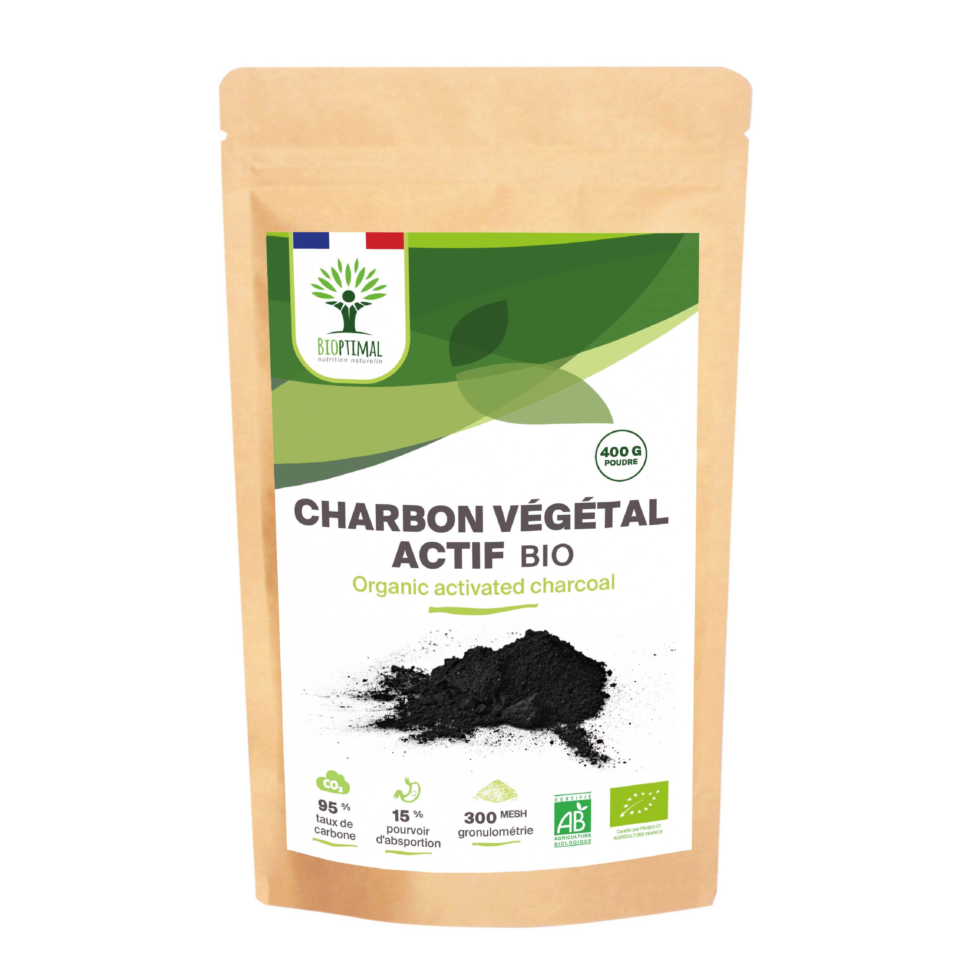 Organic activated vegetable carbon powder - Packaged in France Supplement Bioptimal infusion.organic