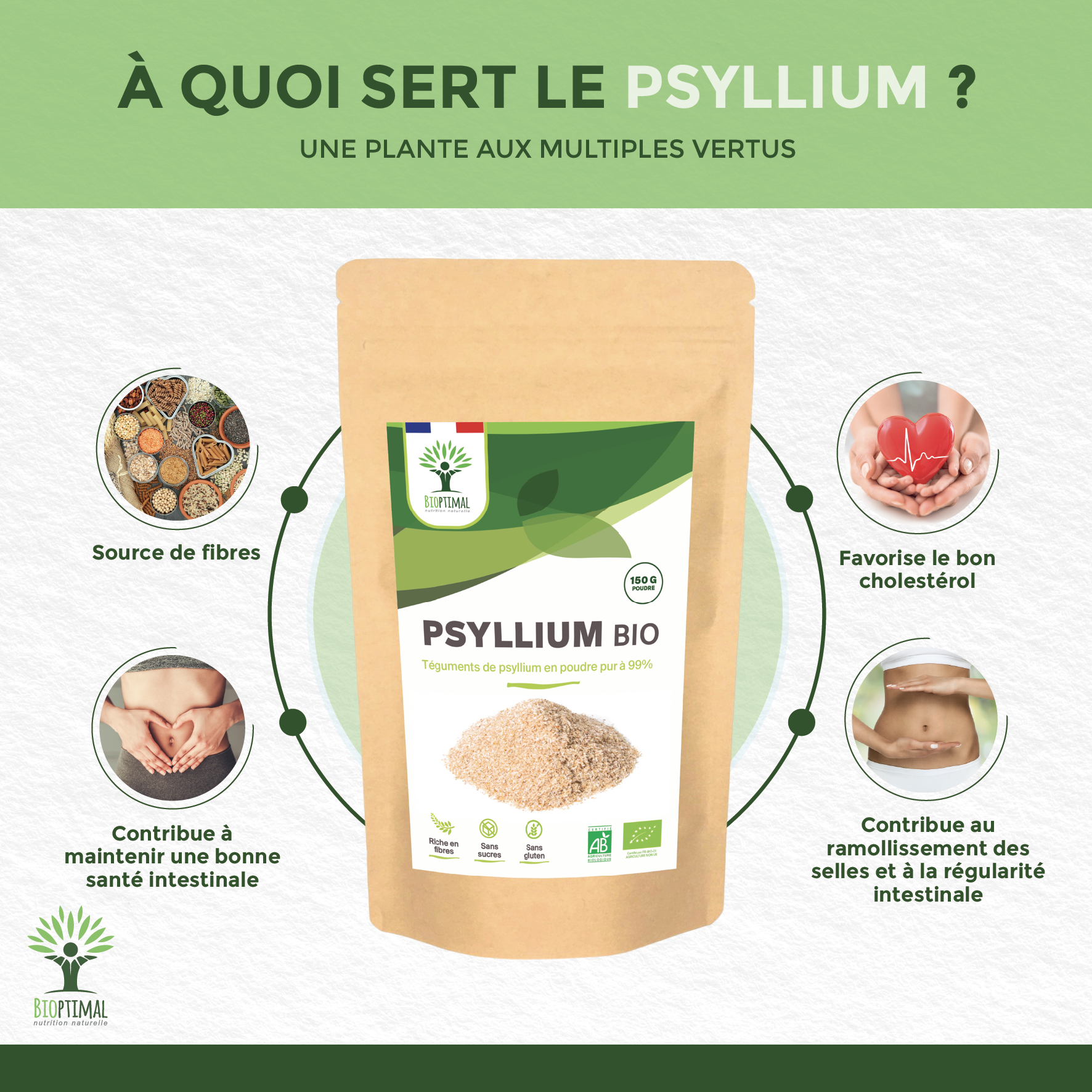 Organic blond psyllium powder - Packaged in France Supplement Bioptimal infusion.organic