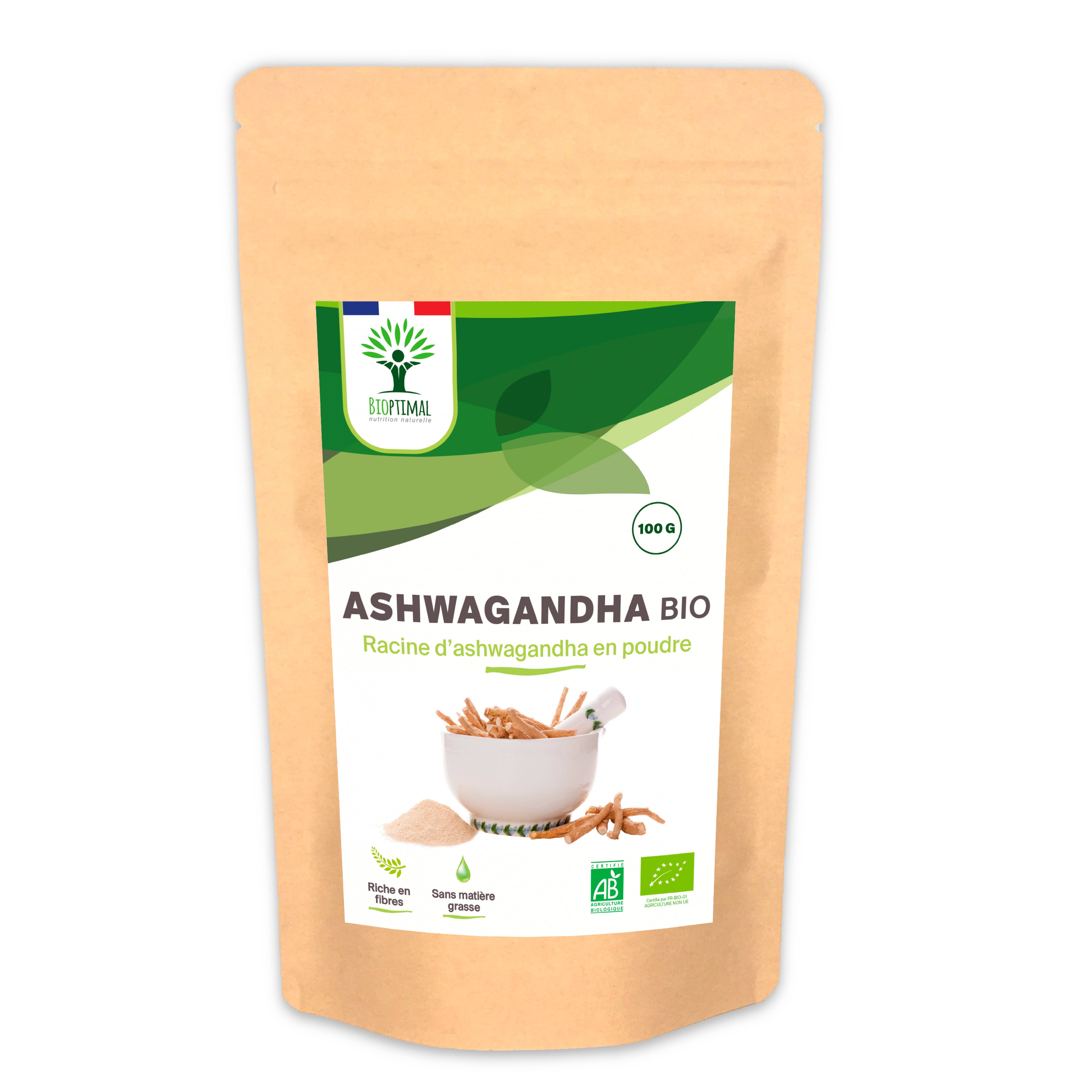 Organic ashwagandha powder - Packaged in France - Vegan Supplement Bioptimal infusion.organic