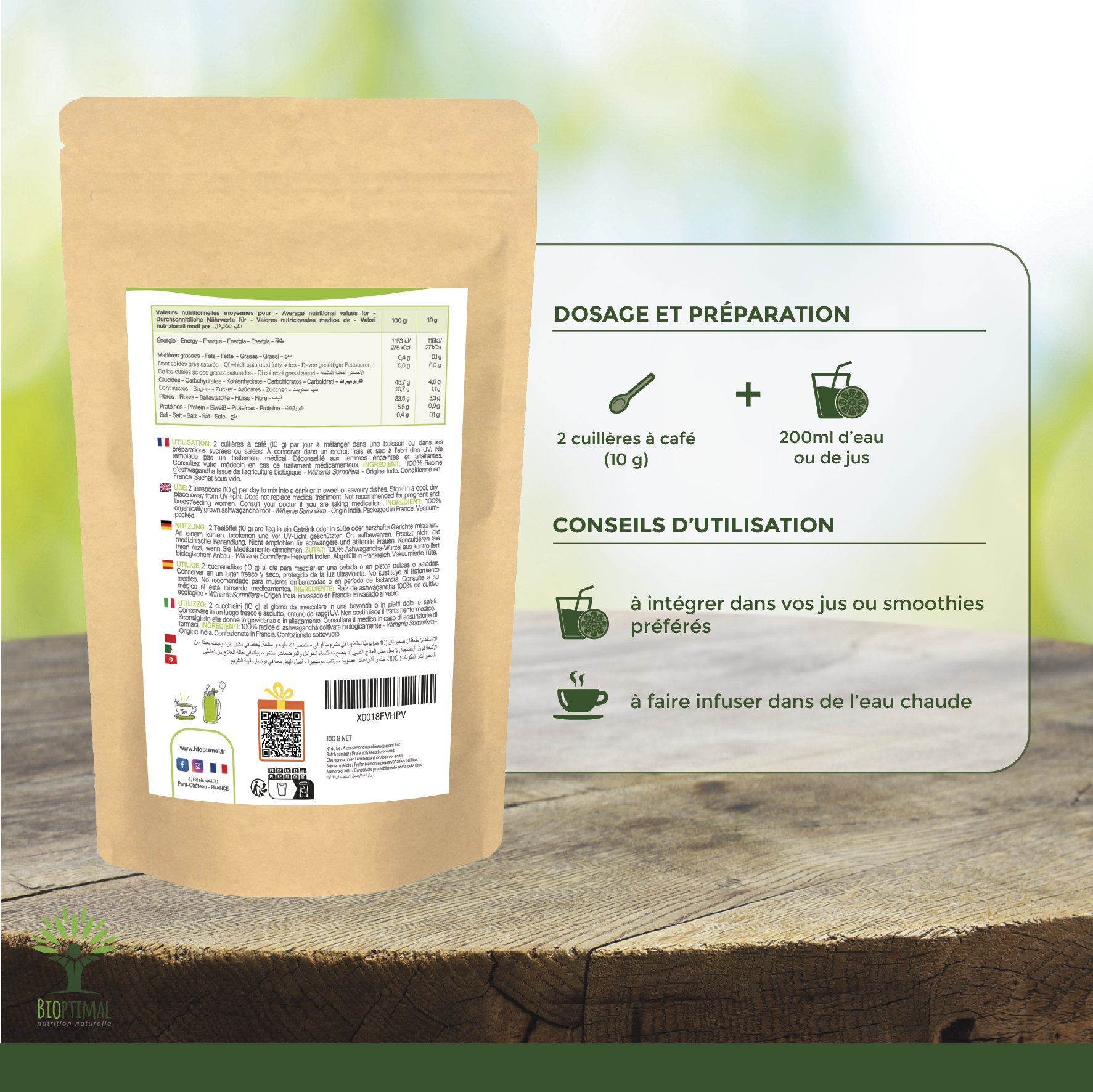 Organic ashwagandha powder - Packaged in France - Vegan Supplement Bioptimal infusion.organic