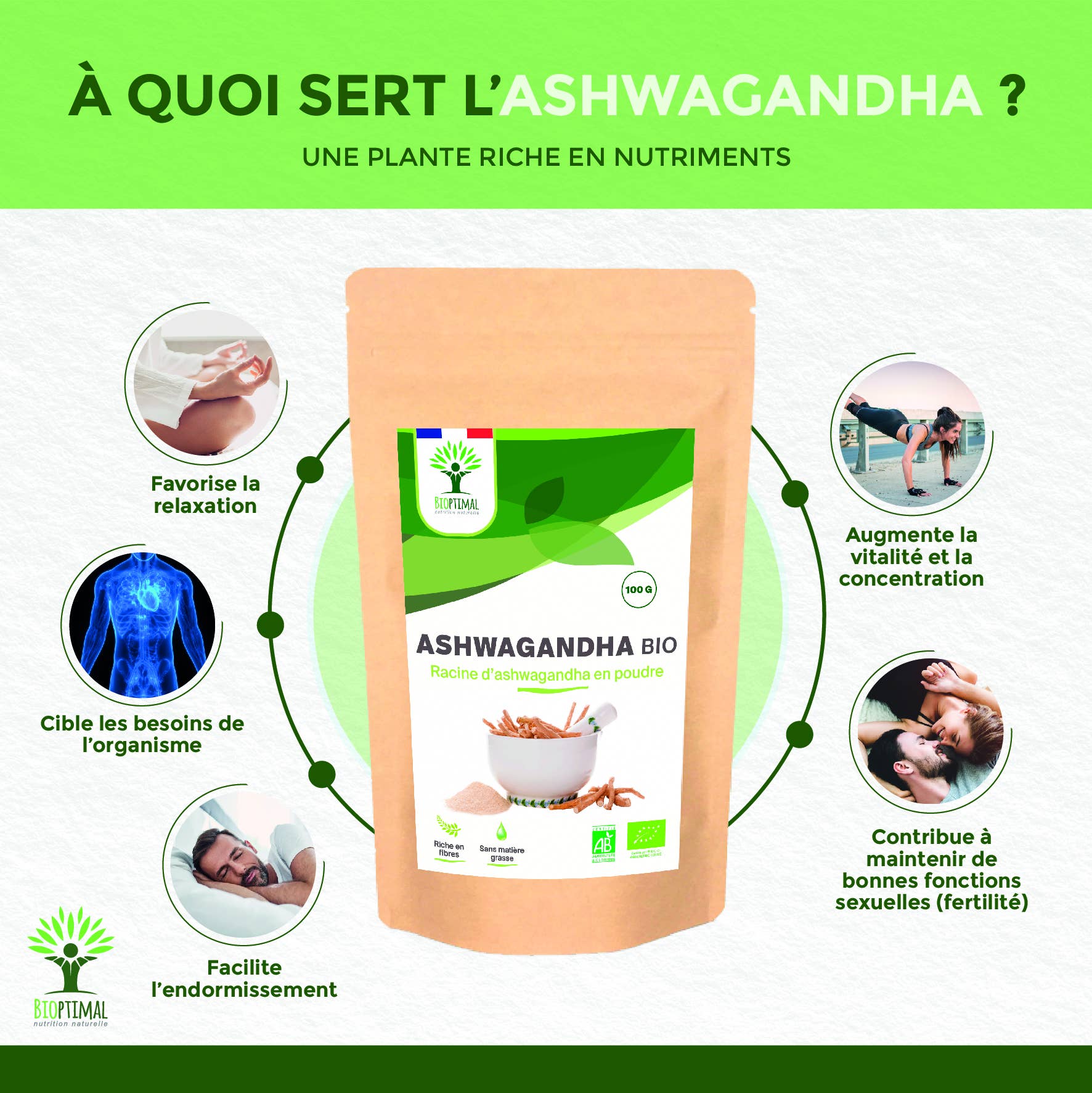 Organic ashwagandha powder - Packaged in France - Vegan Supplement Bioptimal infusion.organic