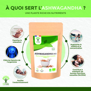 Organic ashwagandha powder - Packaged in France - Vegan Supplement Bioptimal infusion.organic