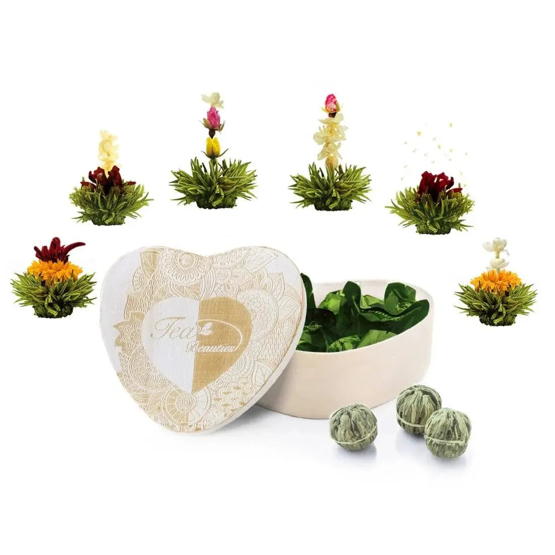 6 Blossom Tea in Heart Wooden Box “Green Tea” Blooming Tea Creano Tisan - infusion.organic