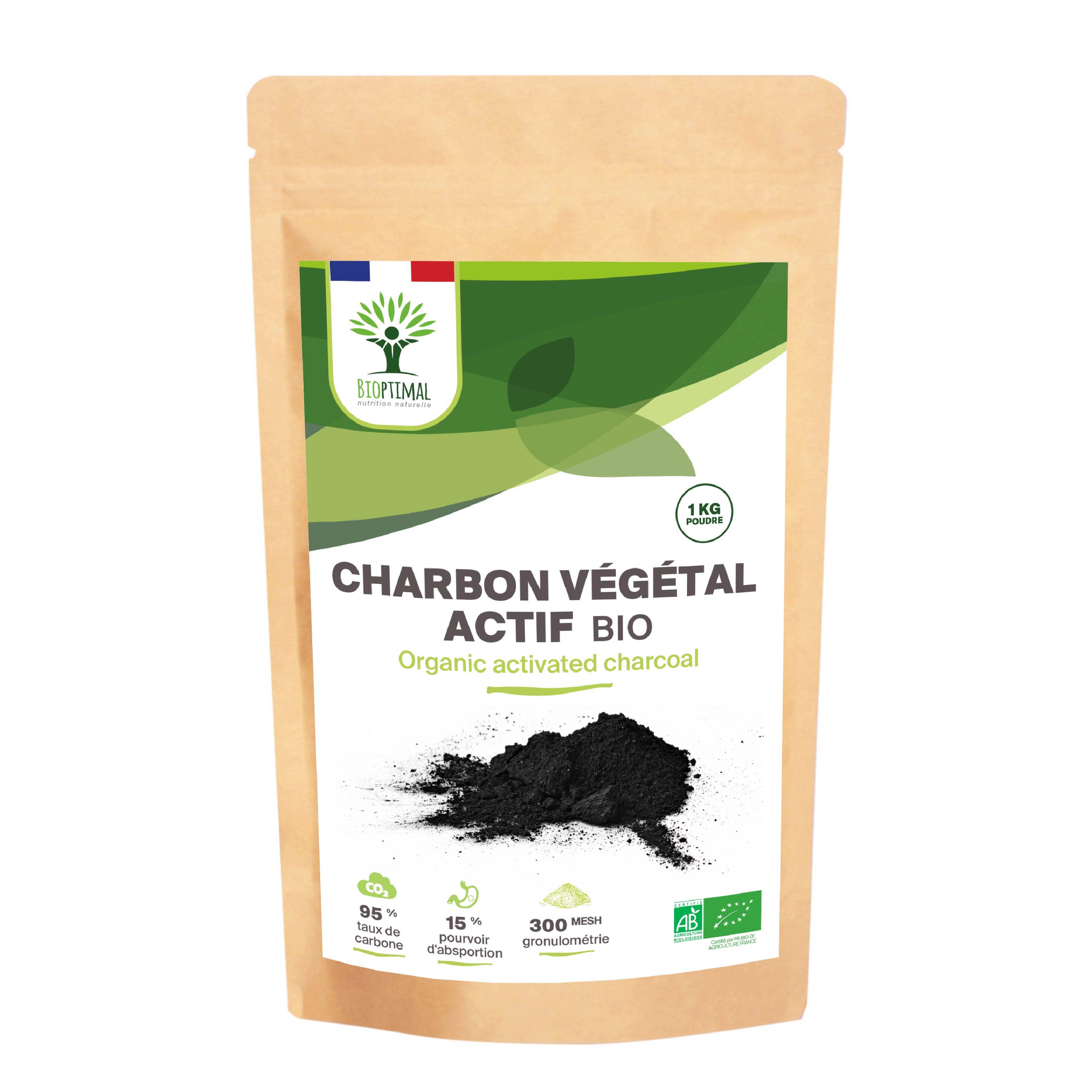 Organic activated vegetable carbon powder - Packaged in France Supplement Bioptimal infusion.organic