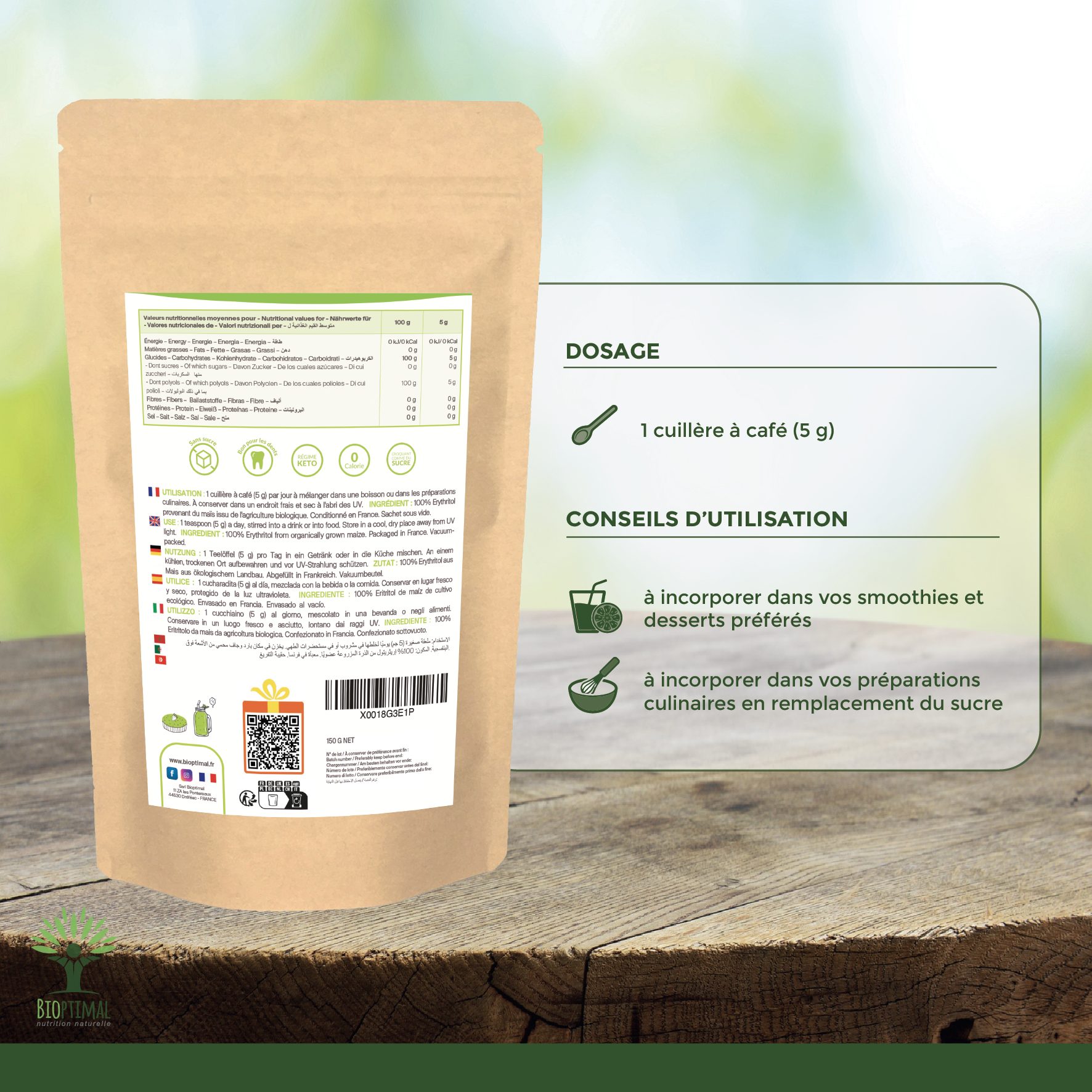 Organic erythritol powder - Packaged in France Supplement Bioptimal infusion.organic