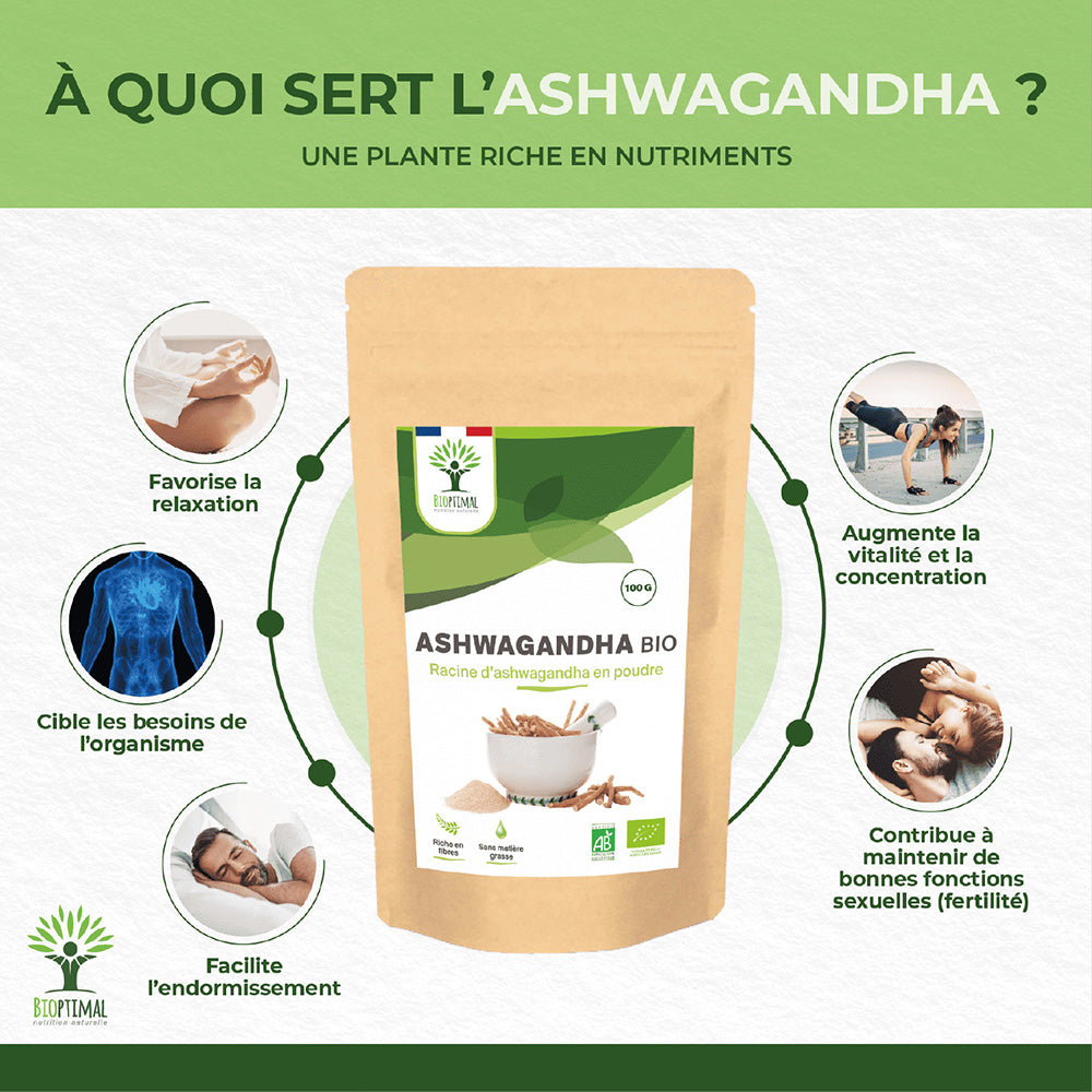 Ashwagandha bio poudre -  Bioptimal Bioptimal Superaliment infusion.organic