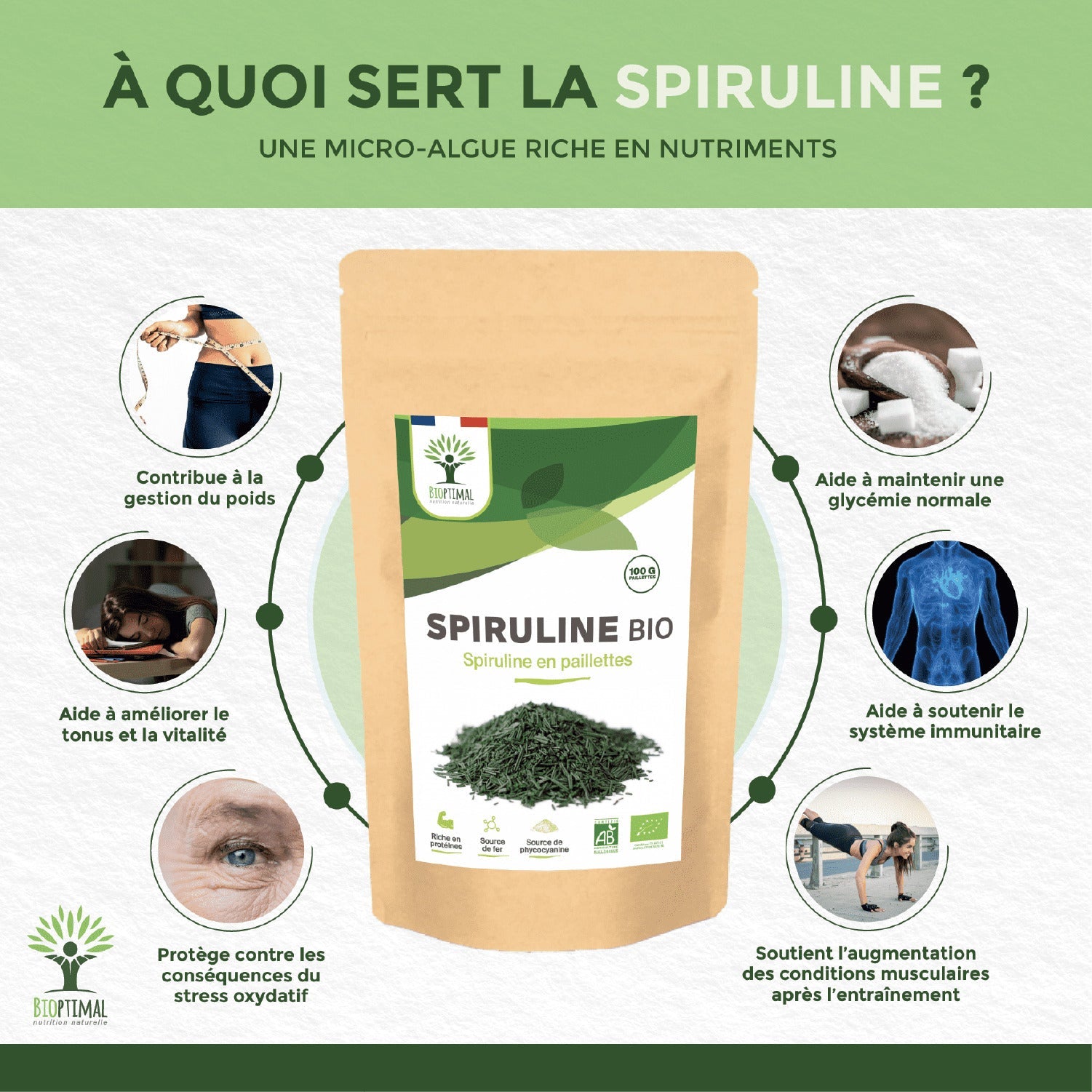 Spiruline bio paillettes -  Bioptimal Bioptimal Superaliment infusion.organic
