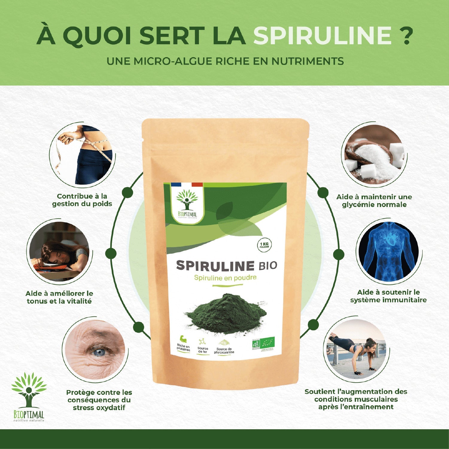 Spiruline bio poudre -  Bioptimal Bioptimal Superaliment infusion.organic