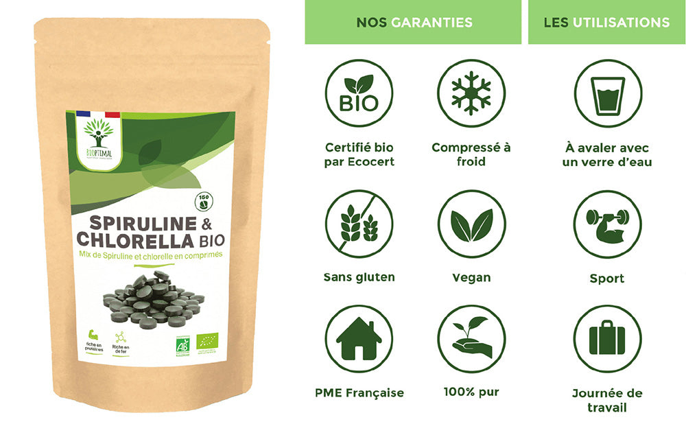 Mix Spiruline et Chlorella bio comprimés -  Bioptimal Bioptimal Superaliment infusion.organic