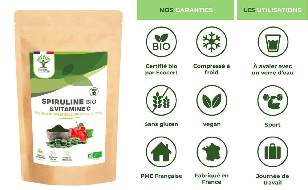 Mix Spiruline et Acérola bio comprimés -  Bioptimal Bioptimal Superaliment infusion.organic