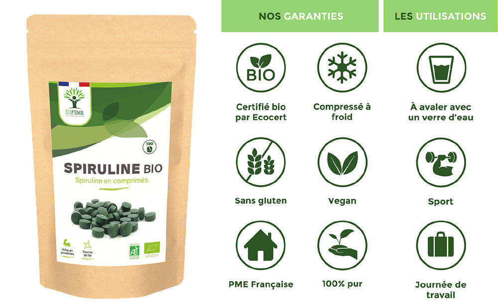 Spiruline bio comprimés -  Bioptimal Bioptimal Superaliment infusion.organic