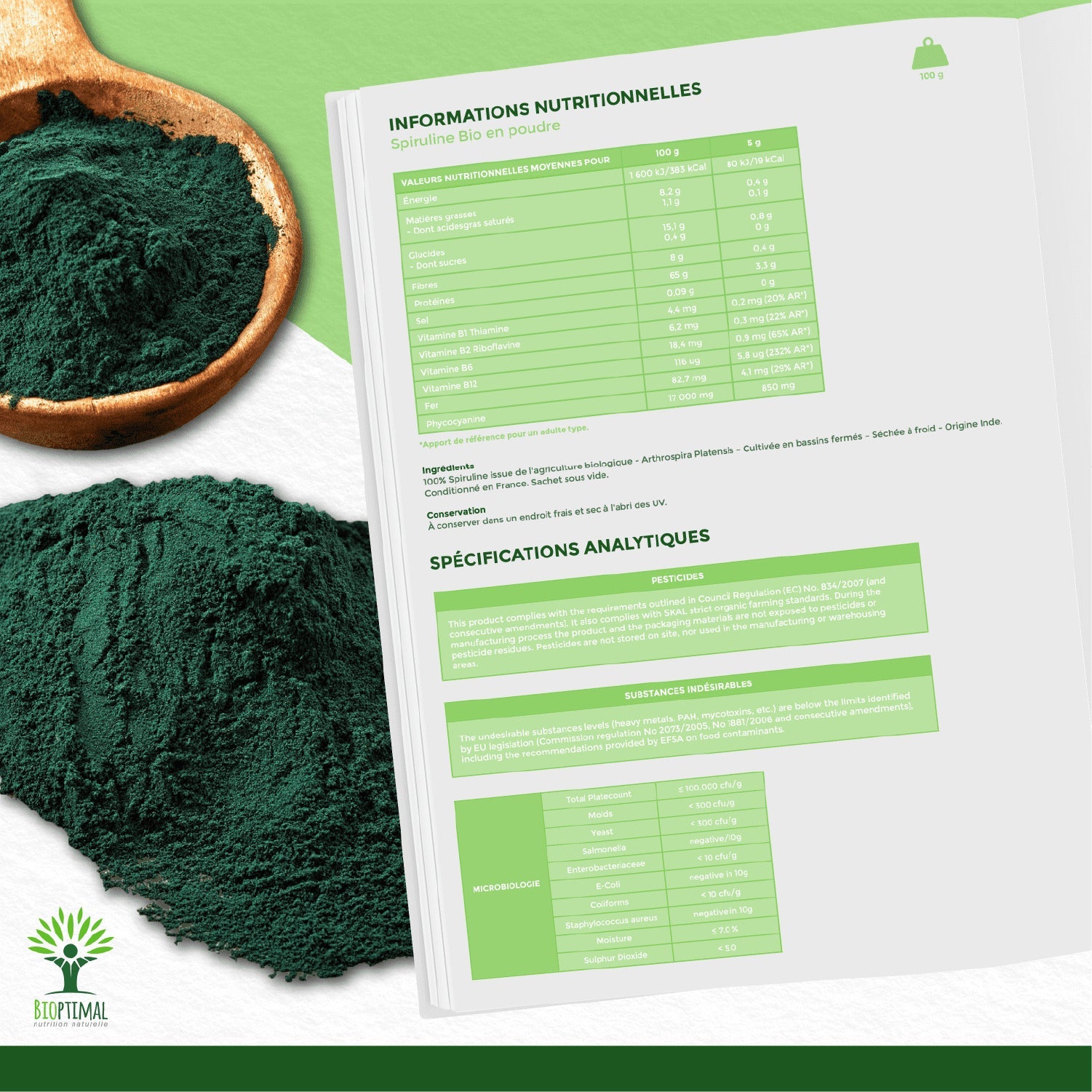Spiruline bio poudre -  Bioptimal Bioptimal Superaliment infusion.organic