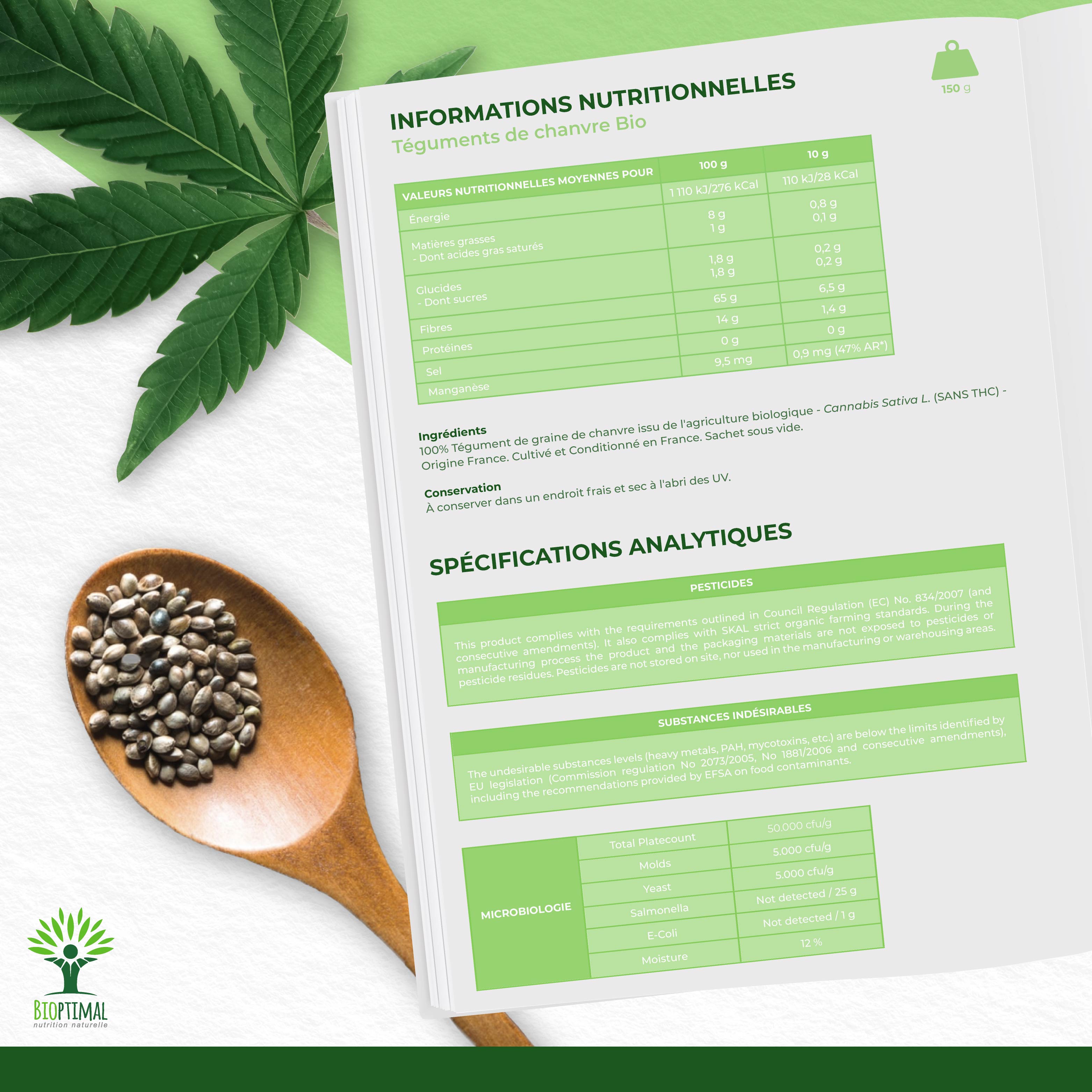 Téguments de graines de chanvre bio -  Bioptimal Bioptimal Superaliment infusion.organic