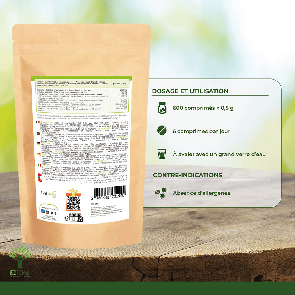 Mix Spiruline et Acérola bio comprimés -  Bioptimal Bioptimal Superaliment infusion.organic