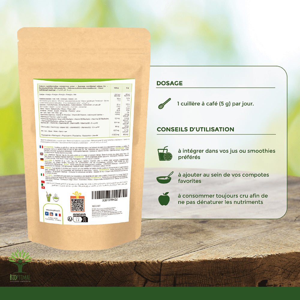 Spiruline bio paillettes -  Bioptimal Bioptimal Superaliment infusion.organic