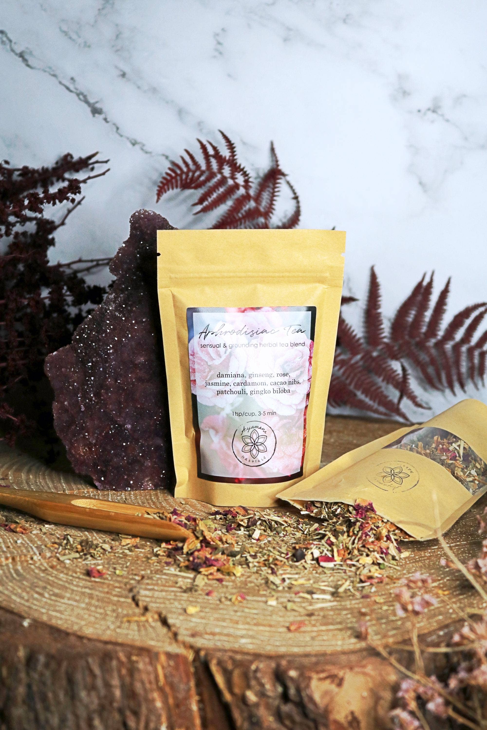 Aphrodisiac Tea with Damiana, Ginseng, Cacao, Rose, Cardamom Cacao Ayamani Naturals infusion.organic