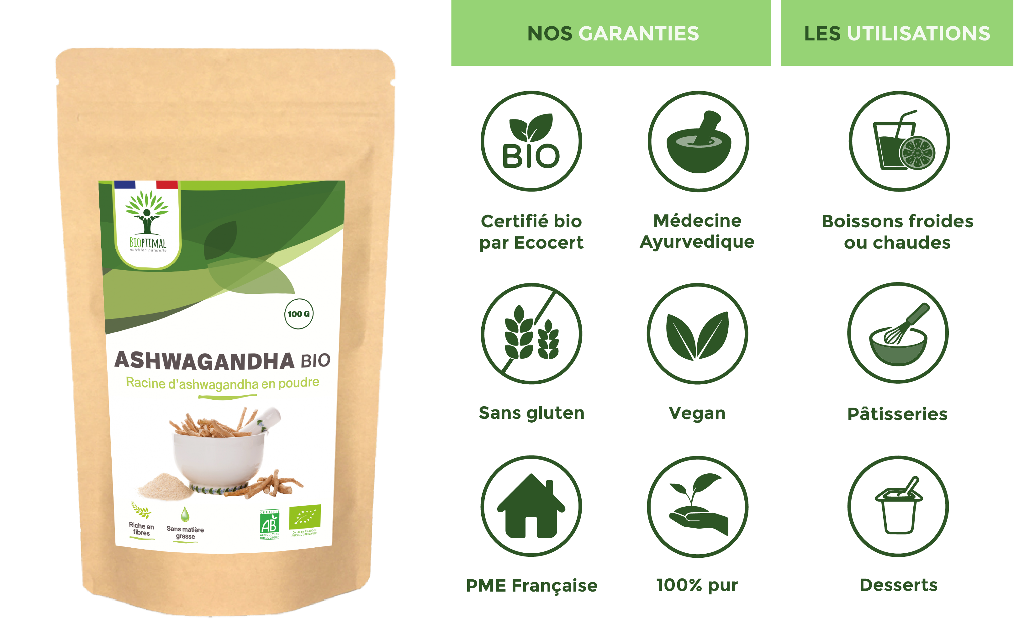 Organic ashwagandha powder - Packaged in France - Vegan Supplement Bioptimal infusion.organic