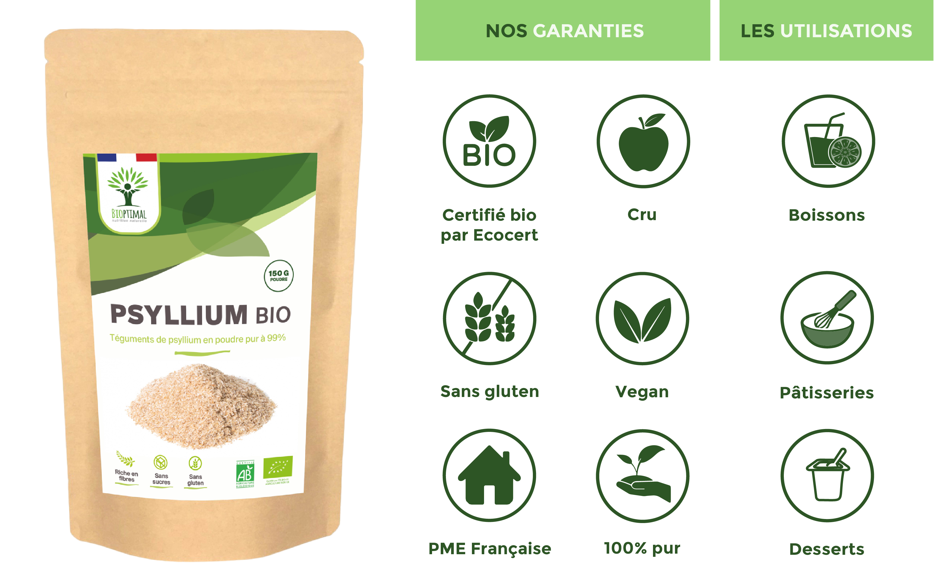 Organic blond psyllium powder - Packaged in France Supplement Bioptimal infusion.organic