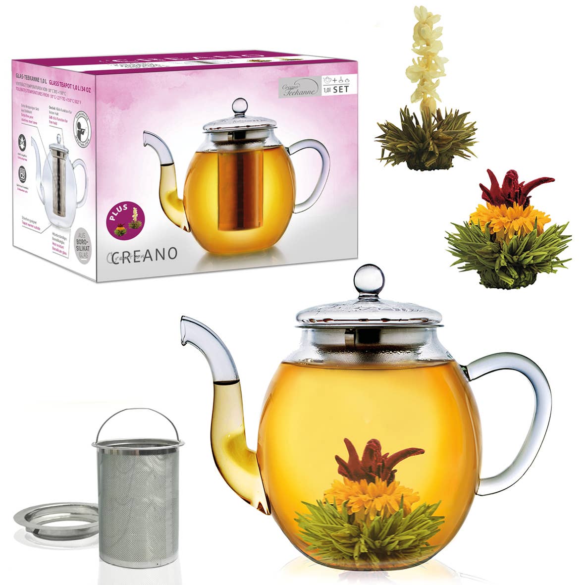 Creano glass teapot 1.0l with two Erblühtee tea flowers Teaware Creano infusion.organic