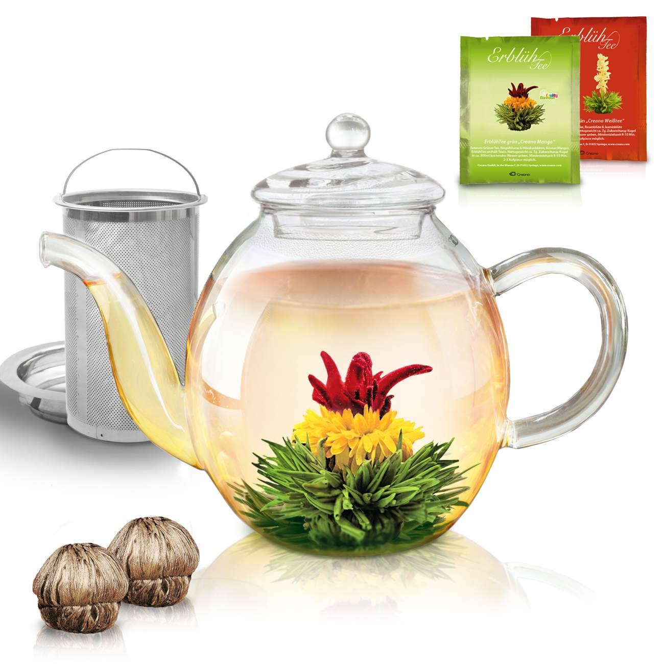 Creano glass teapot 1.0l with two Erblühtee tea flowers Teaware Creano infusion.organic