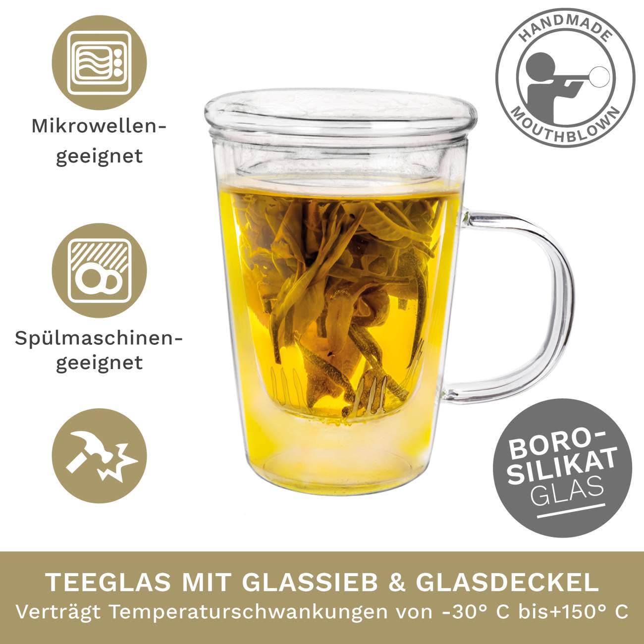 Creano tea glass 400ml - glass tea cup, strainer & lid Teaware Creano infusion.organic