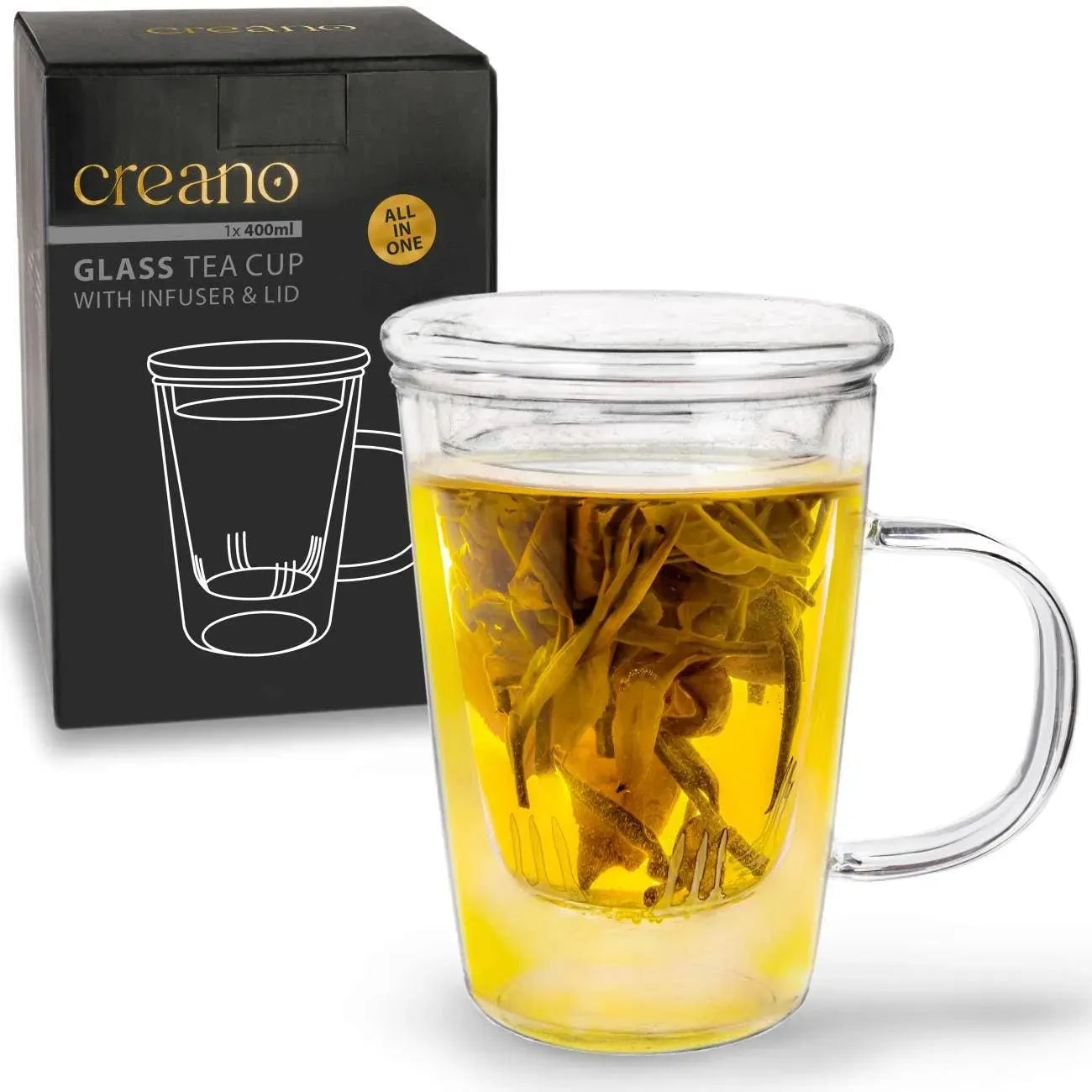 Creano tea glass 400ml - glass tea cup, strainer & lid Teaware Creano Tisan - infusion.organic