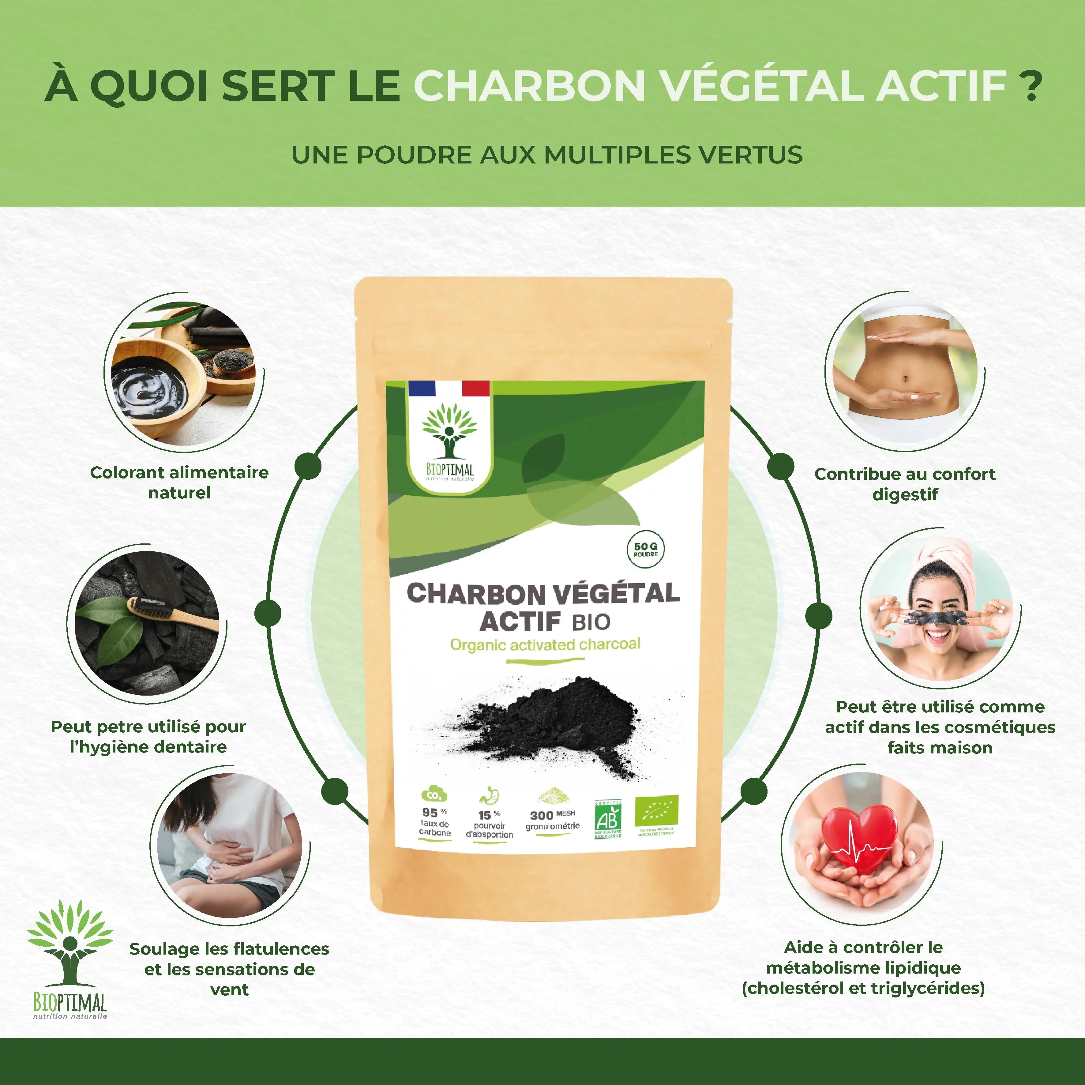 Organic activated vegetable carbon powder - Packaged in France Supplement Bioptimal Tisan - infusion.organic